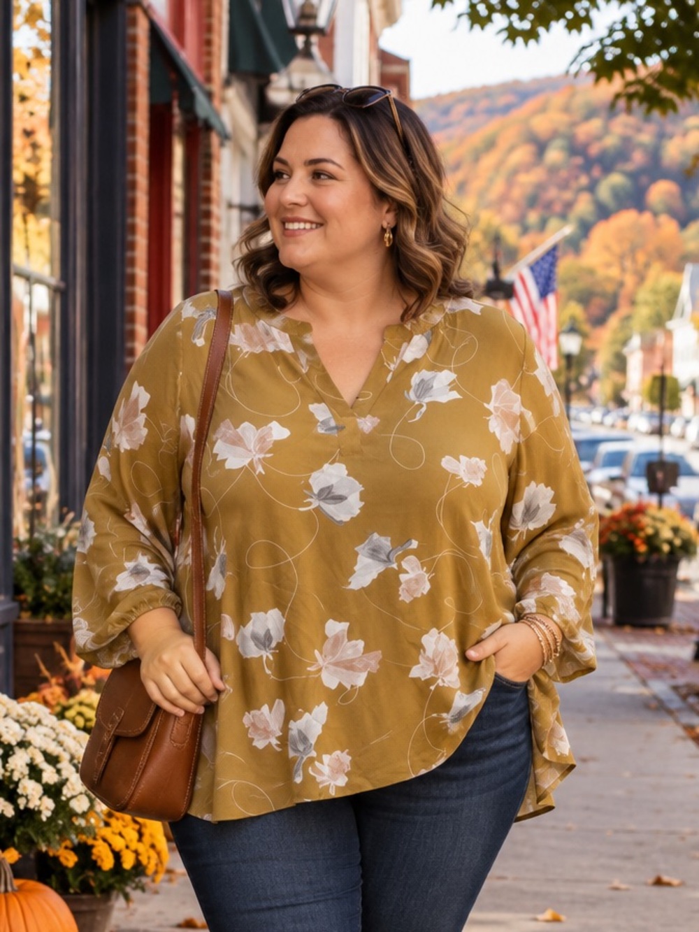 Ava & Viv Mustard Floral Split Neck Blouse Plus Size 4X NWT
